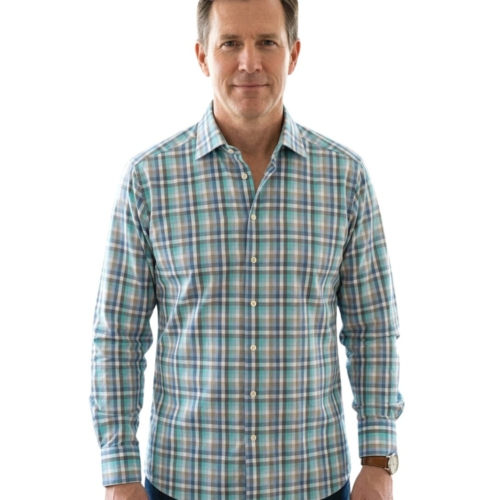 Eton Contemporary Fit Plaid‎ Dress Shirt Mens XXL 46 18 Blue Green Cotton L/S